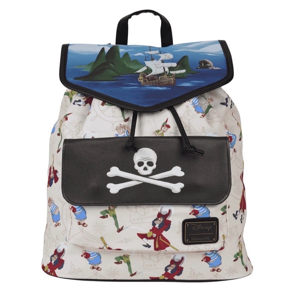 NEW PETER PAN Captain Hook Smee Pirate Ship Flag AOP Full Size Cinch Backpack